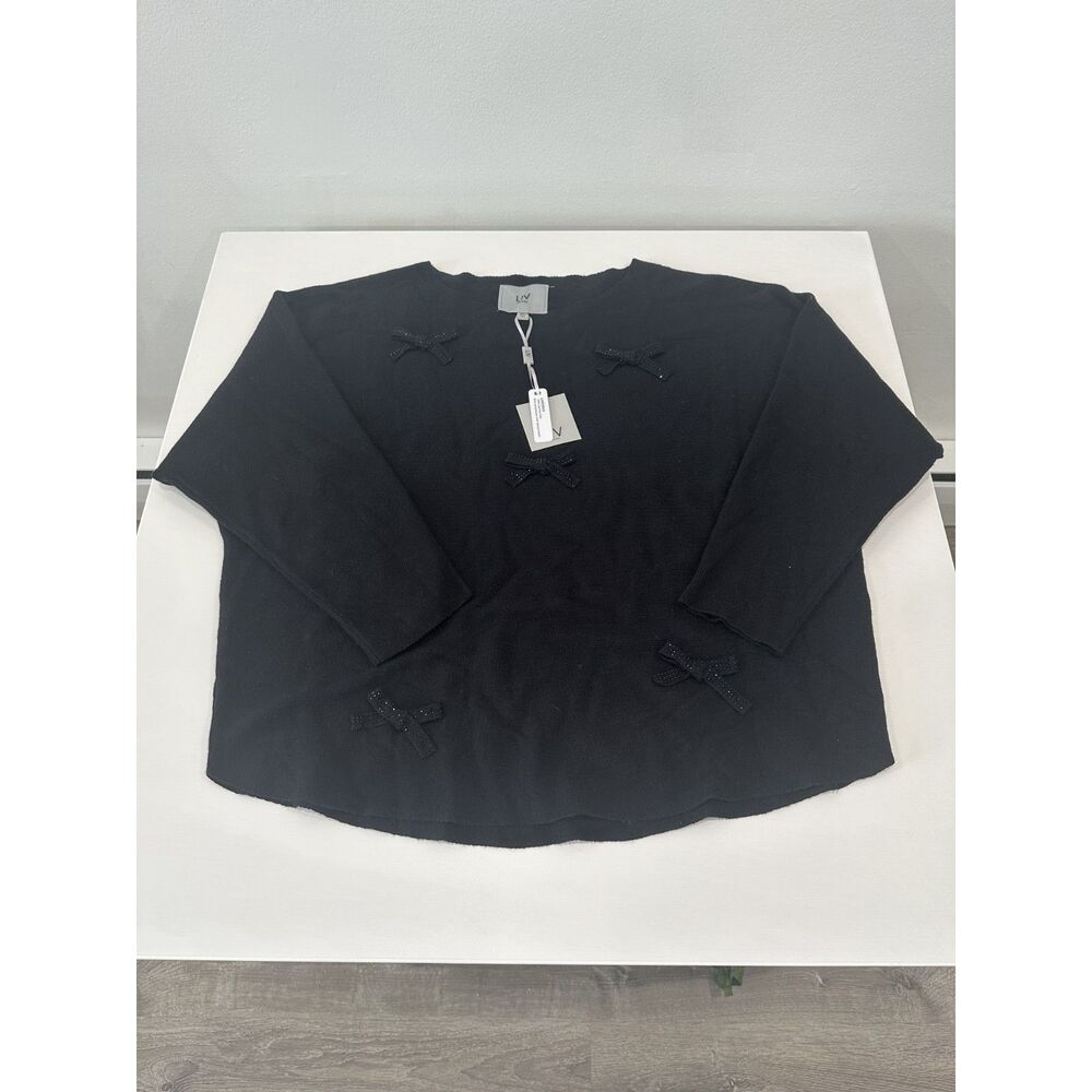 NWT LIV Milano Women’s XL Black Knit Sweater Rhinestone Bow Embellished